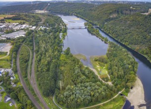 Aerial view, Hengsteysee with island and Ruhr bridge in the district Boele in Hagen, Ruhr area,