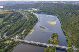 Aerial view, Hengsteysee with island and Ruhr bridge in the district Boele in Hagen, Ruhr area,