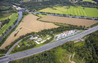 Aerial view, Lennhof service area on the A1 motorway with Lennemündung into the Ruhr in the