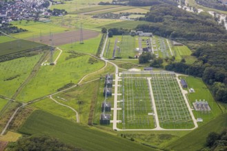 Aerial view, power line and substation Garenfeld in the district Boele in Hagen, Ruhr area, North