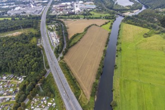 Aerial view, Lennhof service area on the A1 motorway with Lennemündung into the Ruhr in the
