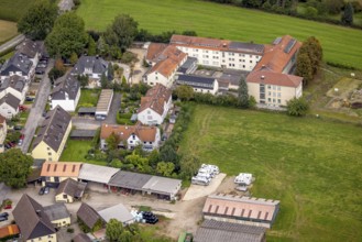 Aerial view, Former Garenfeld grammar school and planned conversion for flats on Dorfstraße in the