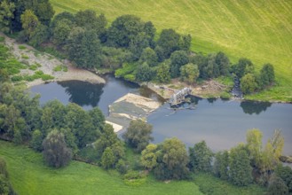 Aerial view, driftwood at the weir at the river Lenne in the district Boele in Hagen, Ruhr area,