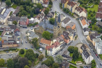 Aerial view, Boeler Kirchplatz with St John the Baptist Catholic Church in the Boele district of