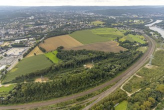 Aerial view, view over meadows and fields with power line to Hagen from the district Boele in