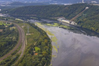 Aerial view, algae infestation in the Hengsteysee with Köpchenwerk RWE pumped storage power plant