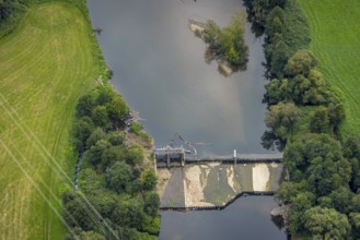 Aerial view, driftwood at the weir at the river Lenne in the district Boele in Hagen, Ruhr area,