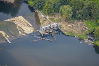 Aerial view, driftwood at the weir at the river Lenne in the district Boele in Hagen, Ruhr area,