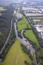 Aerial view, driftwood weir at the river Lenne in the district Boele in Hagen, Ruhr area, North