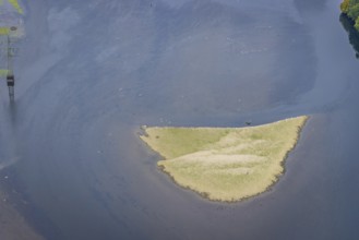 Aerial view, Hengsteysee with sandbank in the district Boele in Hagen, Ruhr area, North
