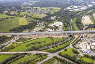 Aerial view, motorway A45 new Lennetal bridge in the district Lennetal in Hagen, Ruhr area, North