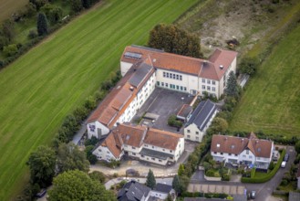 Aerial view, Former Garenfeld grammar school and planned conversion for flats on Dorfstraße in the