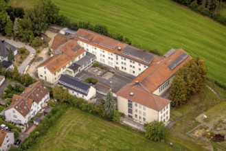 Aerial view, Former Garenfeld grammar school and planned conversion for flats on Dorfstraße in the