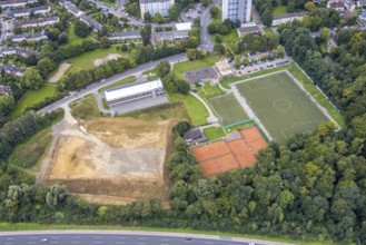 Aerial view, construction site next to the volunteer fire brigade and the Emst district sports
