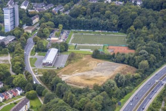 Aerial view, construction site next to the volunteer fire brigade and the Emst district sports