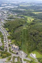 Aerial view, high-rise building and terrace residential building Im Sonnenwinkel with power line in