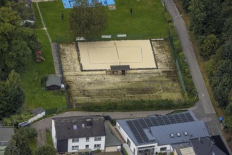 Aerial view, volleyball court at the outdoor swimming pool Henkhausen in the district Hohenlimburg