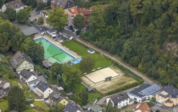 Aerial view, outdoor swimming pool Henkhausen in the district Hohenlimburg in Hagen, Ruhr area,