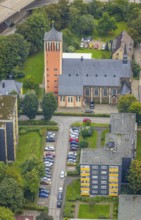 Aerial view, high-rise buildings and Catholic Church of the Sacred Heart of Jesus in the Eilpe