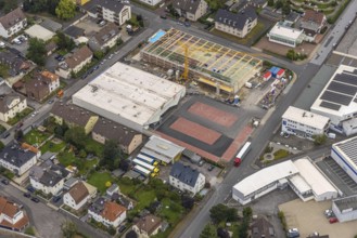 Aerial view, commercial area Elseyer Straße with construction site and new building at Lidl