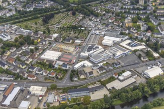 Aerial view, commercial area Elseyer Straße with construction site and new building at Lidl in the