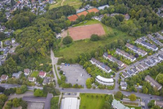 Aerial view, market place Emst at Karl-Ernst-Osthaus-Straße and Loheplatz sports facility in the