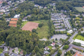 Aerial view, market place Emst at Karl-Ernst-Osthaus-Straße and Loheplatz sports facility in the