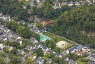 Aerial view, outdoor swimming pool Henkhausen in the district Hohenlimburg in Hagen, Ruhr area,