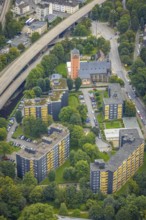 Aerial view, high-rise buildings and Catholic Church of the Sacred Heart of Jesus in the Eilpe