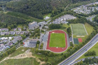 Aerial view, fallow land at the Kirchenbergstadion with planned construction of a fitness centre in