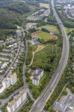 Aerial view, fallow land at the Kirchenbergstadion with planned construction of a fitness centre in