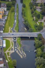 Aerial view, bridge of the federal road B7 Stennenstraße over the river Lenne with white water