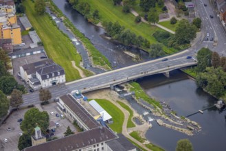 Aerial view, bridge of the federal road B7 Stennenstraße over the river Lenne with white water