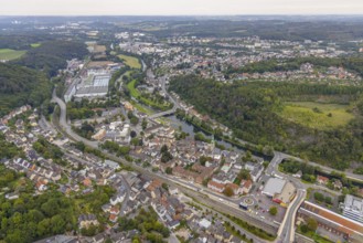 Aerial view, town view with Lenne bridge and river Lenne and quarry Hagen-Hohenlimburg in the