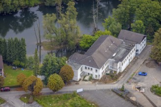 Aerial view, construction site Der Langenkamp between river Lenne and railway tracks for a new