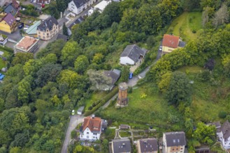 Aerial view, octagonal water tower with monument protection at Boeingstraße in the district