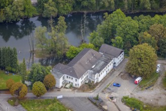 Aerial view, construction site Der Langenkamp between the river Lenne and railway tracks for a new
