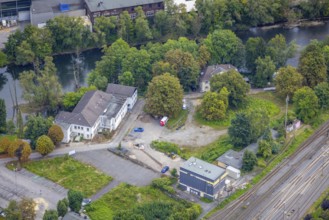 Aerial view, construction site Der Langenkamp between river Lenne and railway tracks for a new