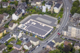 Aerial view, Aldi supermarket with solar roof on Esserstrasse in the Hohenlimburg district, Hagen,
