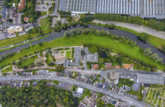 Aerial view, river Lenne at Lennepark and Richard-Römer-Lennebad in the district Hohenlimburg in