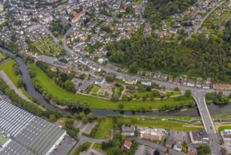 Aerial view, river Lenne at Lennepark and Richard-Römer-Lennebad in the district Hohenlimburg in