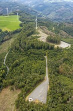 Aerial view, forest area with planned wind turbine construction in Veserde in