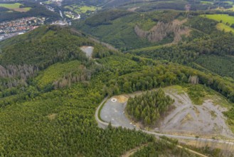 Aerial view, forest area with planned wind turbine construction in Veserde in