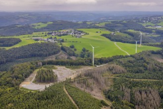 Aerial view, forest area with planned wind turbine construction in Veserde in