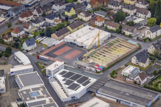 Aerial view, commercial area Elseyer Straße with construction site and new building at Lidl
