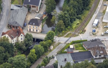 Aerial view, Volmebrücke and Osemundstraße in the district Priorei in Hagen, Ruhr area, North