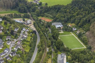 Aerial view, new sports field, tennis court and sports hall Volmetal in the district Dahl in Hagen,