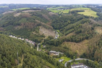 Aerial view, forest damage on Rölveder Straße in the Rummenohl district of Hagen, Ruhr area, North