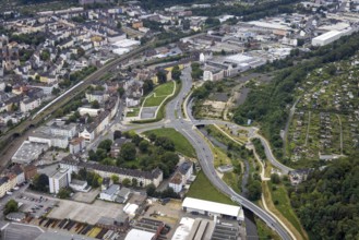 Aerial view, Bohne FreizeitPark and Varta-Insel construction site on Wehringhauser Straße in the