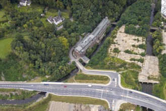Aerial view, Westside City construction area and construction site between new road with river